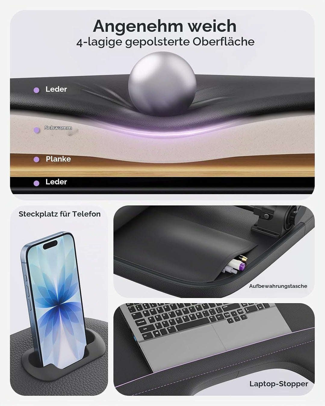 SAIJI Laptop Ständer für Bett und Sofa, Höhen und Neigungsverstellbarer Laptop Tisch mit Weichen Arm