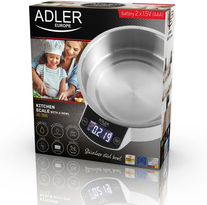 Adler AD 3166 Küchenwaage mit 900 ml Behälter aus Edelstahl, max. Gewicht 5 kg, elektronische Hausha
