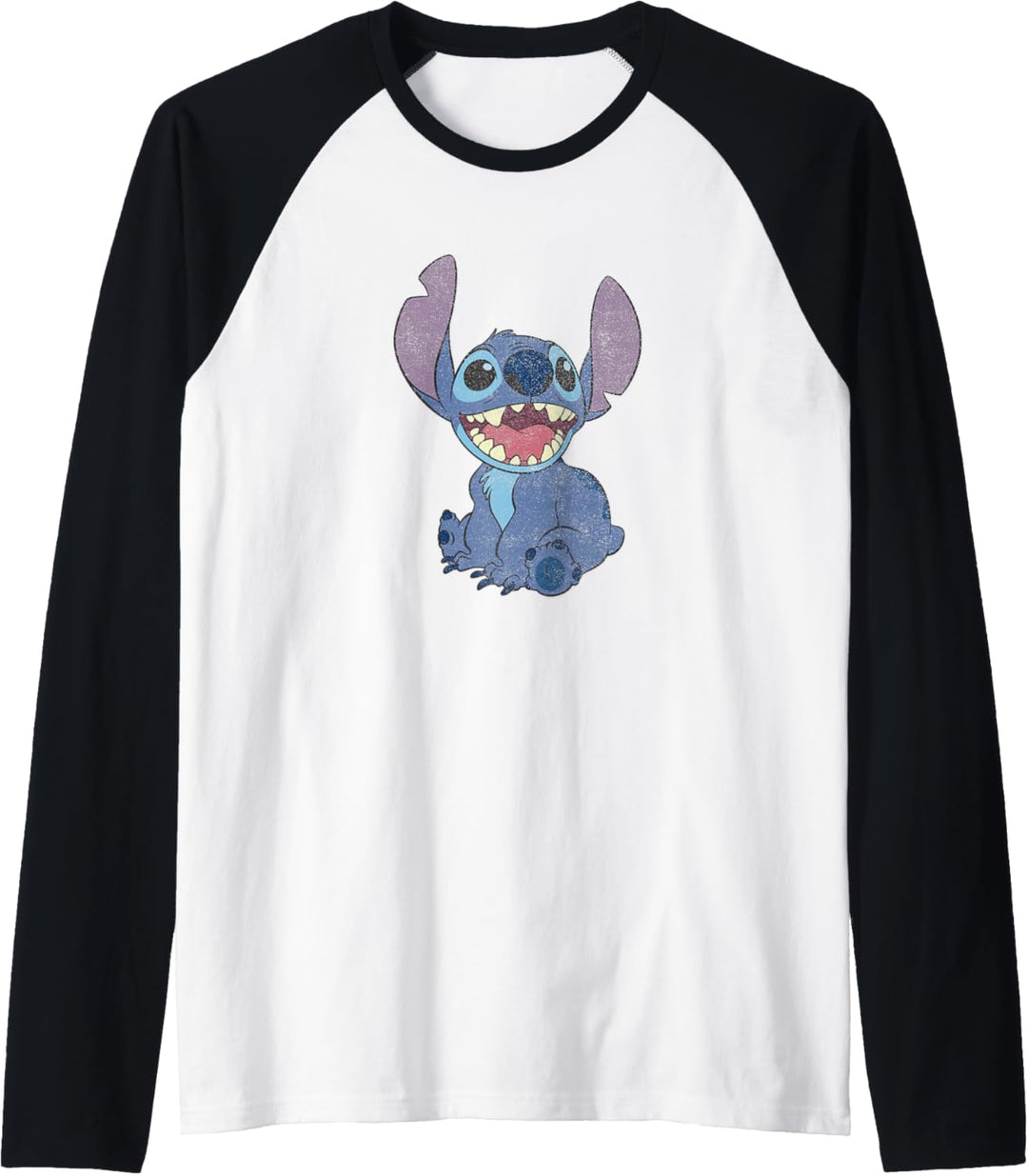Disney Lilo & Stitch Sitting Smiling Distressed Mouth Open Raglan