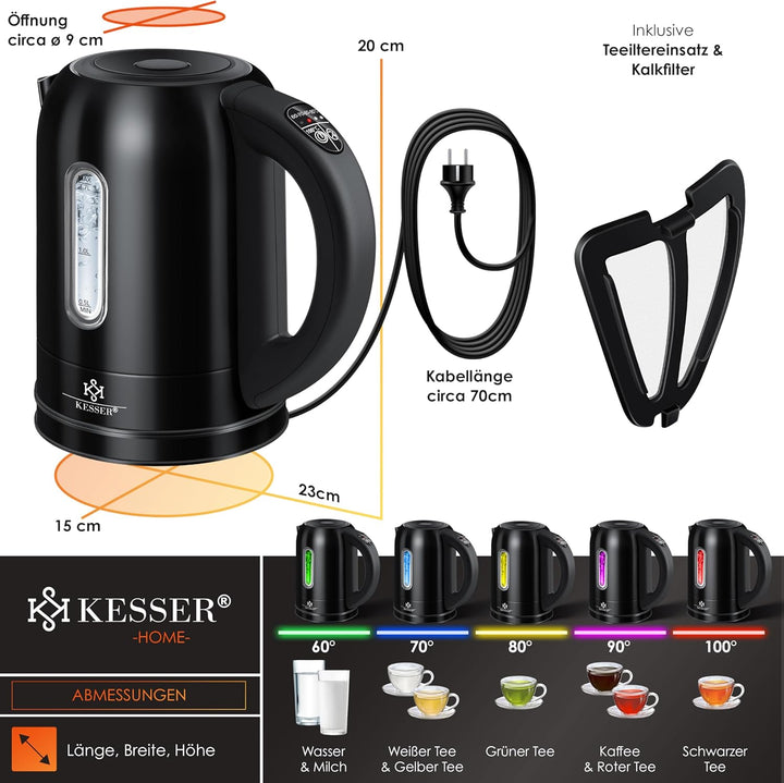 KESSER Wasserkocher 2200W Edelstahl 1,7L mit LED Beleuchtung-Farbe je nach Temperaturwahl 60, 70, 80
