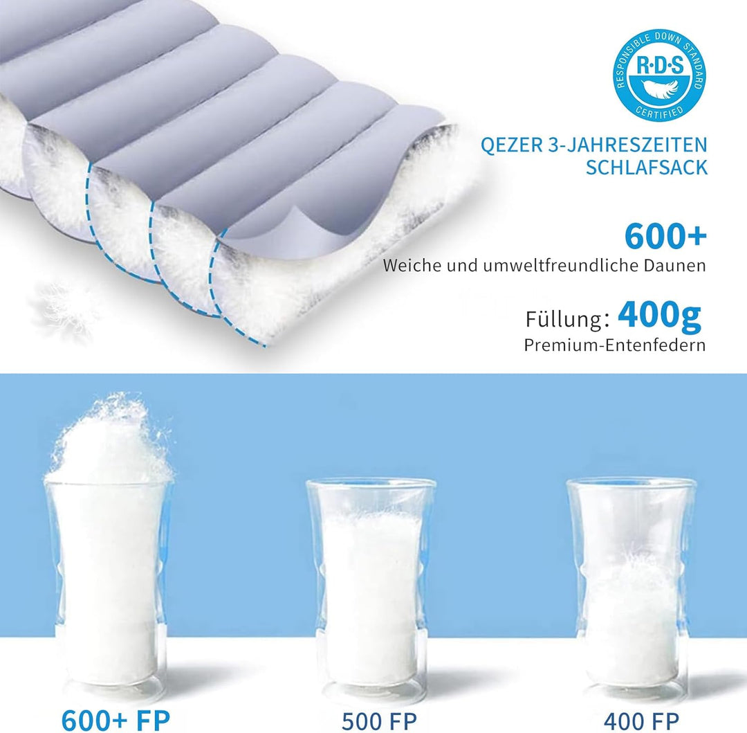 Daunenschlafsack, Schlafsack Ultraleicht, 600FP+ Premium Daunen, Geeignet für Winter/Sommer, geeigne