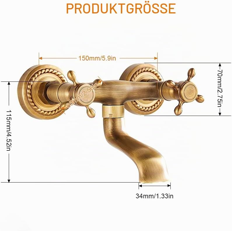 Wandarmatur aus Messing, antik, Drehung: 180 °, Wandarmatur Badezimmer, klassisch, Hebel: Heiss und