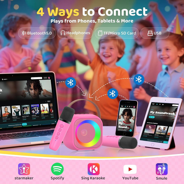 Karaoke Maschine mit 2 Karaoke Mikrofon, Tragbaren Bluetooth Lautsprecher für Erwachsene/Kinder, Ges