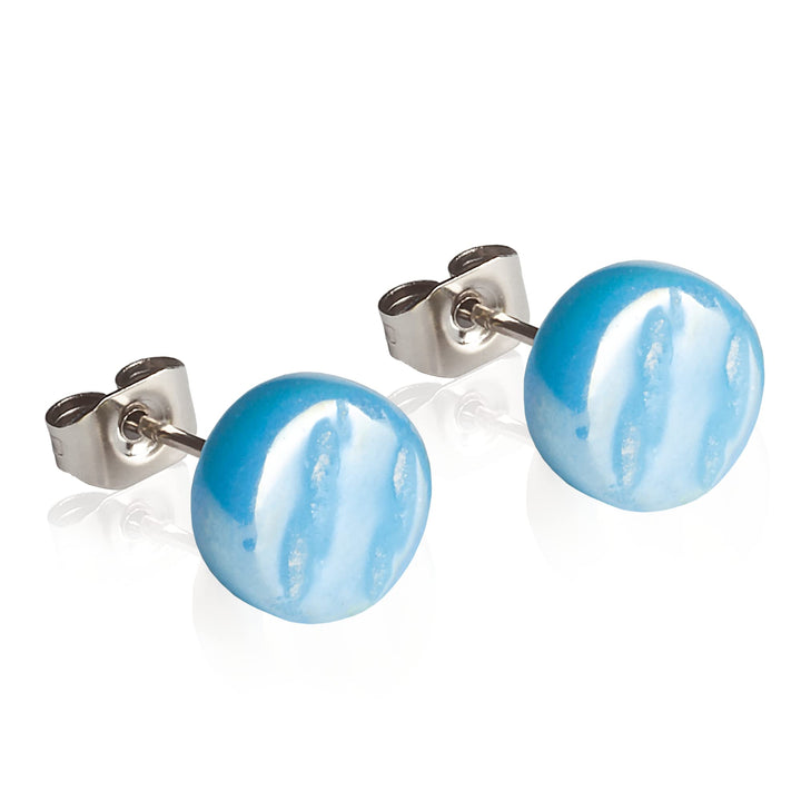 Runde Ohrstecker mit blauem Stein in Perlmuttoptik • Bunte Ohrringe für Damen • Nachhaltiger Modesch