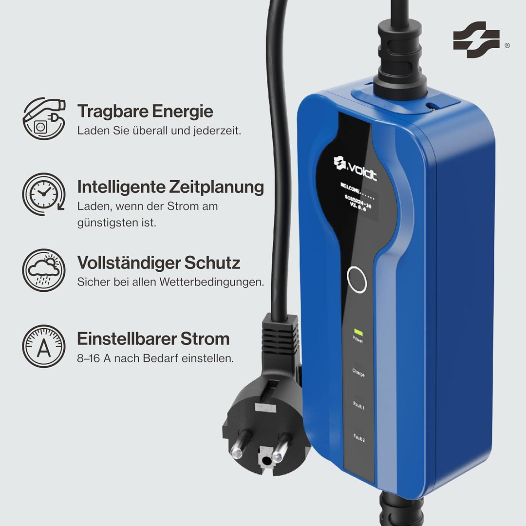 VOLDT Typ 2 Ladekabel Schuko 3,7 kW, 1-phasig, 8A - 16A, verstellbare EV-Ladegerät mit steuerbarer D