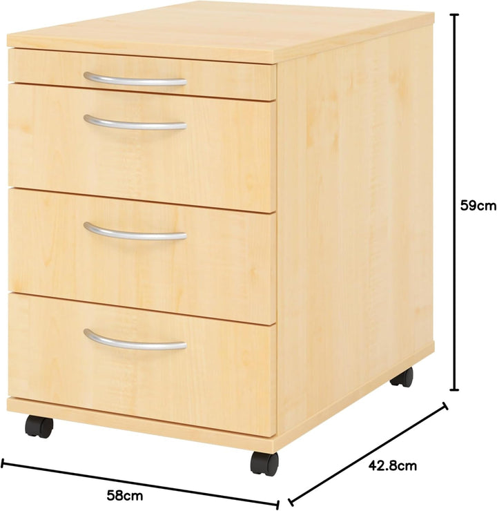 bümö Basic Rollcontainer mit Schubladen, Container aus Holz in Ahorn - Rollwagen für&