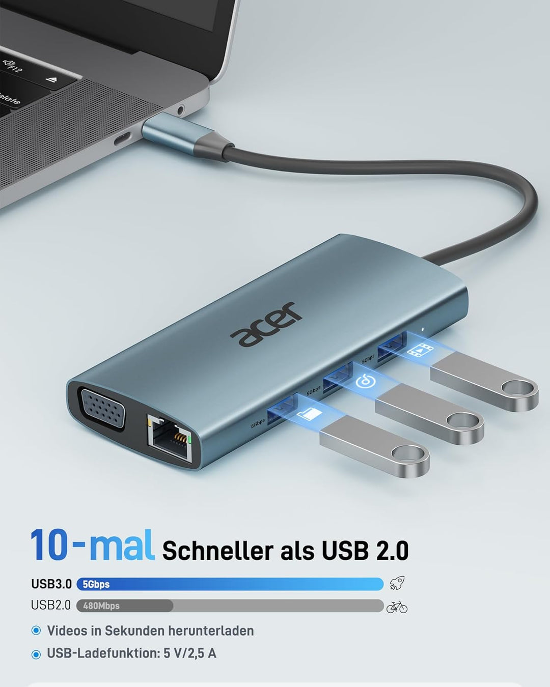 acer USB C Hub Docking Station, 9IN1 USB C zu 4K HDMI, 3xUSB 3.0 5Gbps, 1Gbps Ethernet, 100W PD, VGA