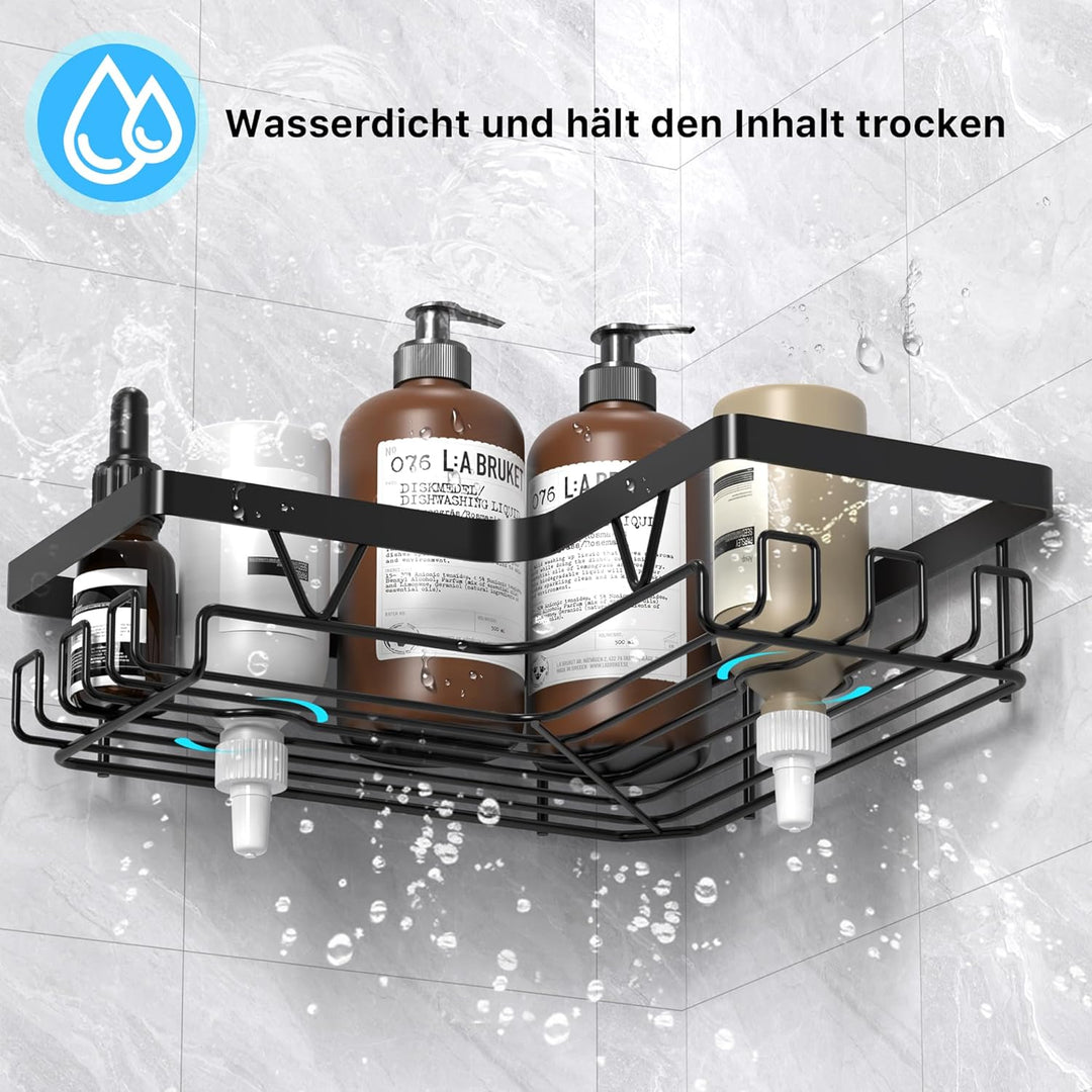Kegii Duschablage Ecke Schwarz - 4 Stück Edelstahl Duschablage Ohne Bohren mit Seifenschale & Zahnbü