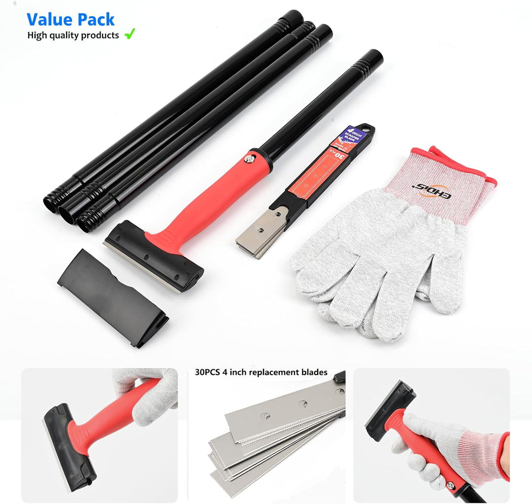 EHDIS Tapetenentferner Kit - Fensterschaber mit Ausziehbarer Griff(120cm), 30 Ersatzklingen und Hand