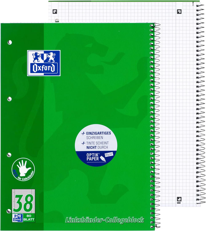 Oxford Linkshänder-Collegeblock A4 kariert, 80 Blatt, grün, 10 Stück Organiserbook Lineatur 38 -kari