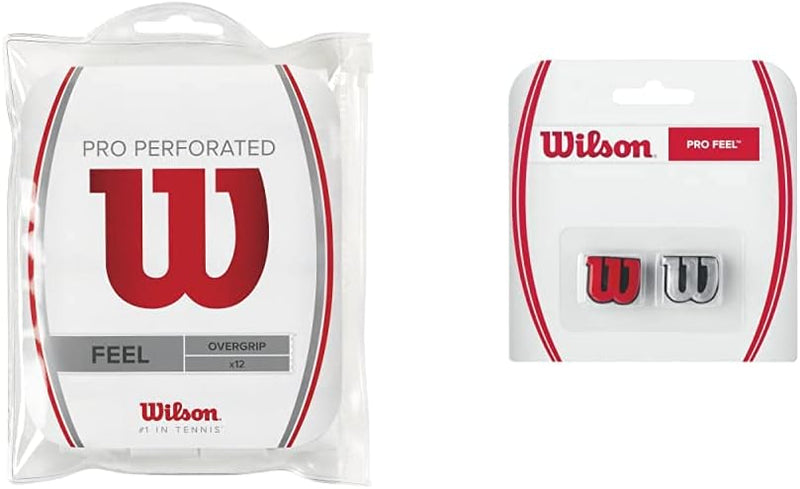 Wilson Unisex Griffband Pro Overgrip Perforated Weiss 12 Stück Bundle mit Logo-Vibrationsdämpfer, We