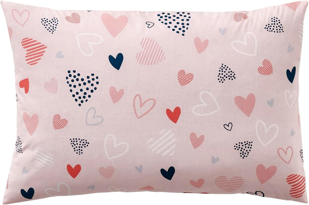 Vertbaudet Kinder Bettwäsche-Set „Fröhliche Herzen“ rosa/Mehrfarbig Bedruckt 140X200 - Kissen 63X63