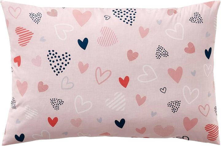 Vertbaudet Kinder Bettwäsche-Set „Fröhliche Herzen“ rosa/Mehrfarbig Bedruckt 140X200 - Kissen 50X75