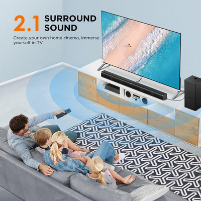 Soundbar mit Subwoofer, 2.1 Soundbar für TV Geräte, 32 Zoll Bluetooth TV Soundbar, Tiefer Bass, 5 EQ