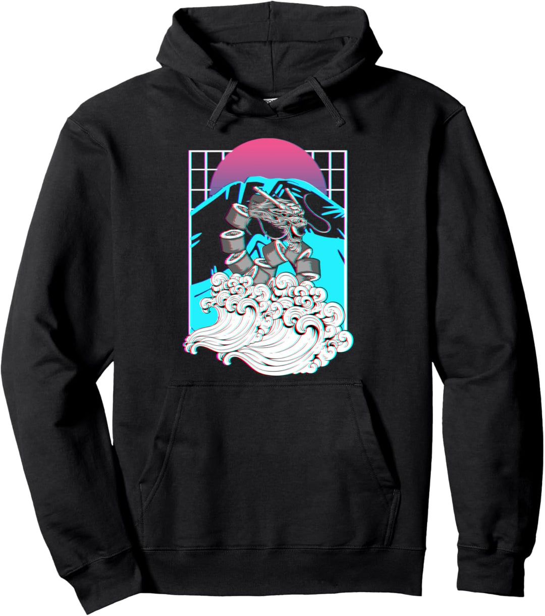 Vaporwave Japanisch Sushi Drache Kanagawa Japan Fuji Glitch Pullover Hoodie