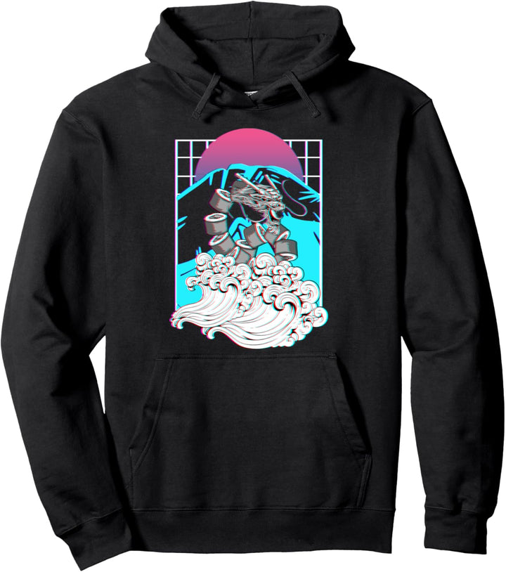 Vaporwave Japanisch Sushi Drache Kanagawa Japan Fuji Glitch Pullover Hoodie