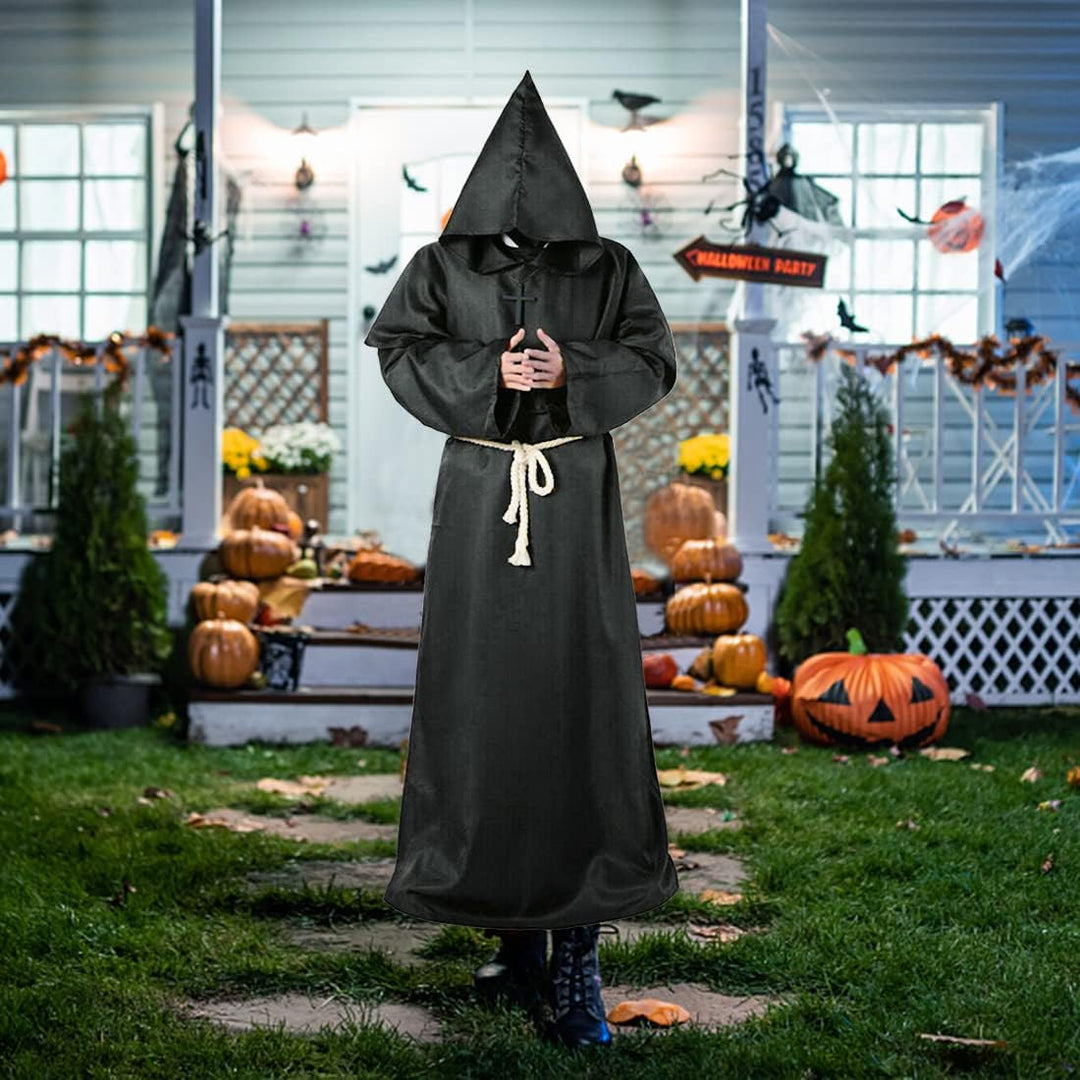 Mönch Robe, L Mittelalterliche Renaissance Robe, Kostüm Mönch mit Kapuze und Kordel, Schwarz Männer