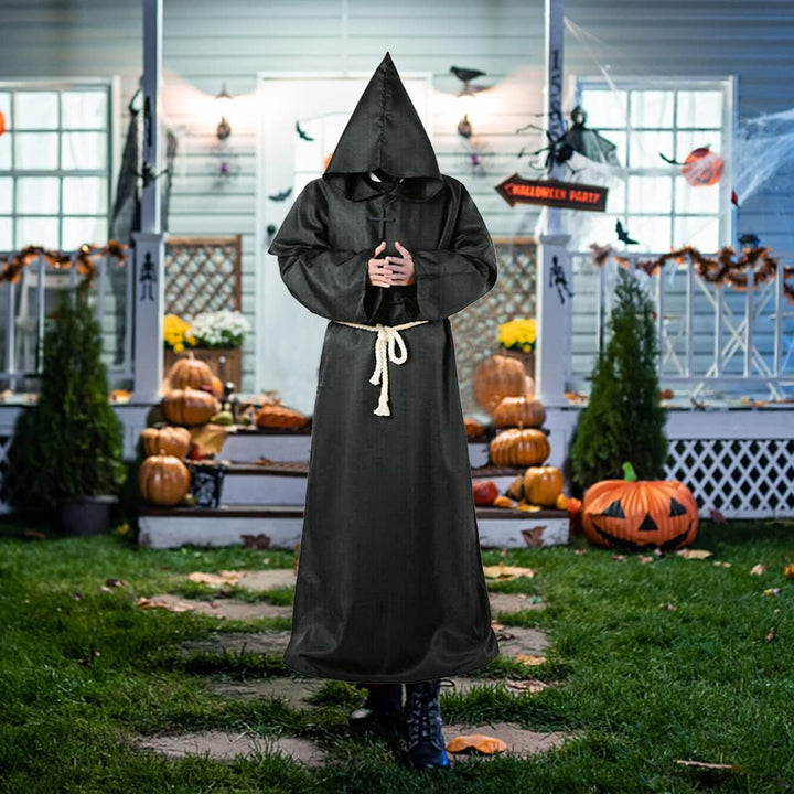 Mönch Robe, L Mittelalterliche Renaissance Robe, Kostüm Mönch mit Kapuze und Kordel, Schwarz Männer