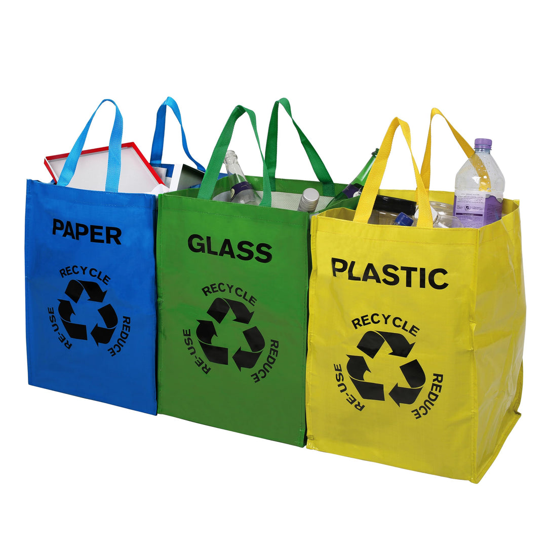 Bereiten Sie Tvaschen, Satz 3, Plvastik, Glas, Papier auf Recycling-Taschen, Recycling-Taschen