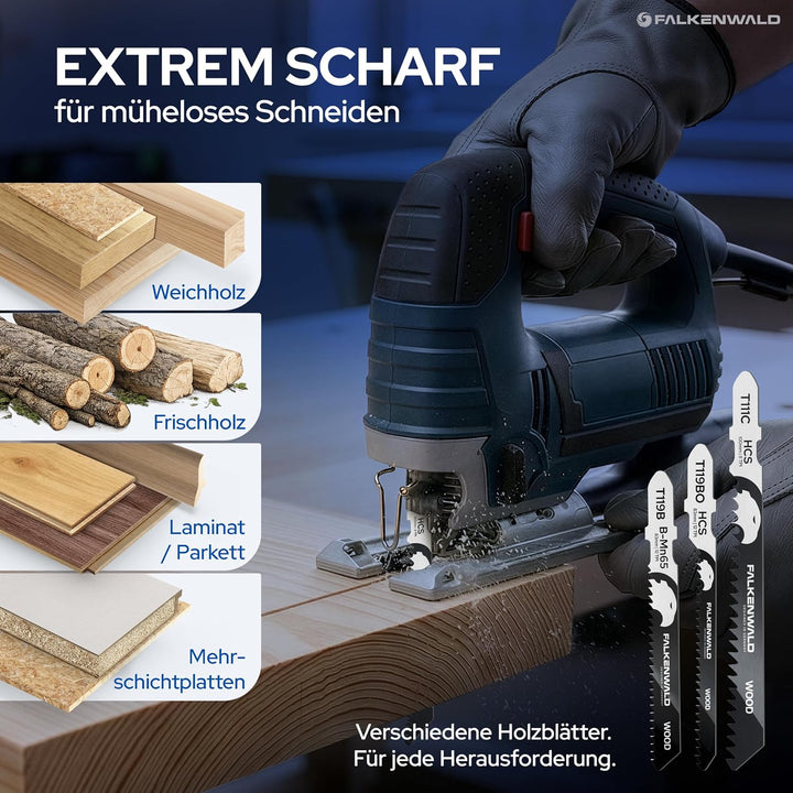 FALKENWALD® Stichsägeblätter Set 30tlg 18x Holz + 12x Metall - T-Schaft HCS, HSS &amp; Bi-Metall - Für W