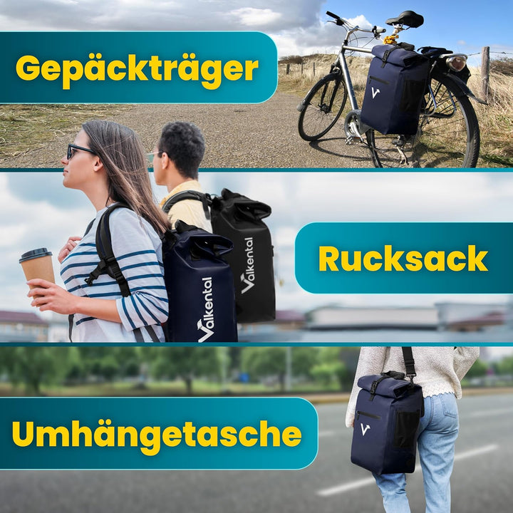 Valkental® 3in1 Fahrradtasche [Bis 25L] - Das Original - Geeignet als Gepäckträgertasche, Rucksack u