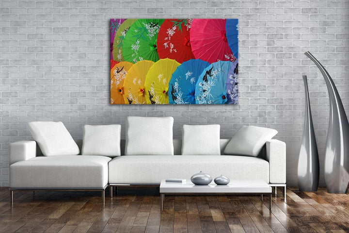 deyoli bunte Regenschirme aus China Format: 80x60 als Leinwand, Motiv fertig gerahmt auf Echtholzrah