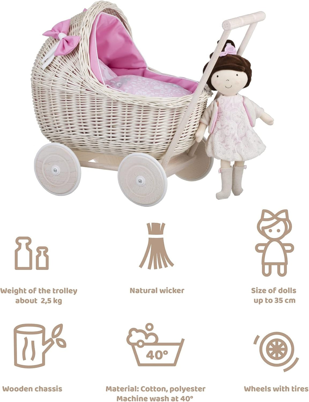 Puppenwagen aus Weide mit Bettwäsche - perfekte Geschenkidee - Korbpuppenwagen, schöner Spielzeug au