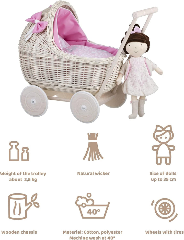 Puppenwagen aus Weide mit Bettwäsche - perfekte Geschenkidee - Korbpuppenwagen, schöner Spielzeug au