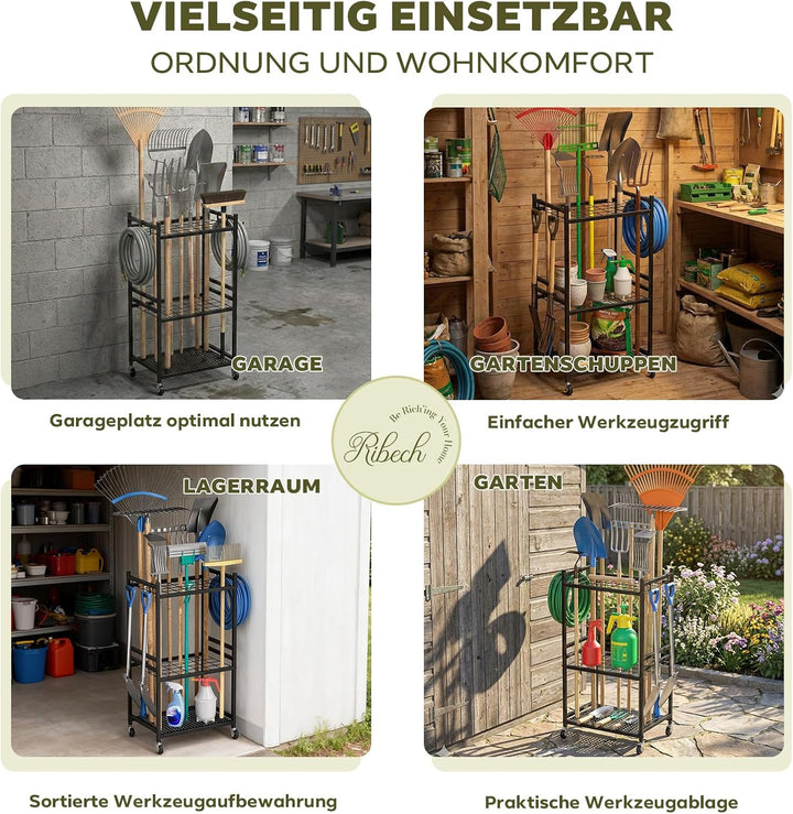 Garten-Werkzeugständer mit Rollen, 35 Gerätehalter, 3 Ebenen Metallregal, 43 x 30 x 79,4 cm, Schwarz