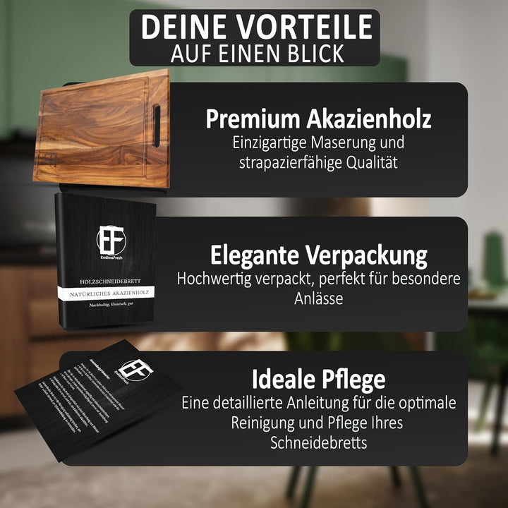 EndlessFresh Schneidebrett Holz - Premium cutting board wood - 39x25cm gross - Holzbrett Küche Akazi