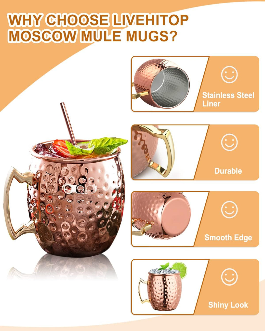 LIVEHITOP 4 Stück Moscow Mule Kupfer Becher Set, 19.5 Oz Handgemacht Cocktail Tasse for Kaltes Geträ