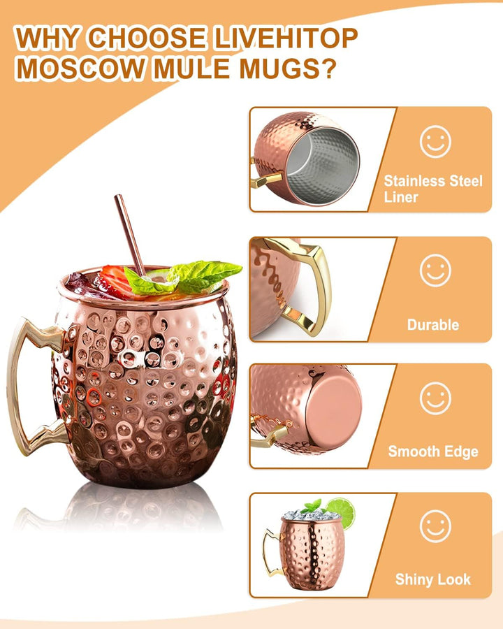 LIVEHITOP 4 Stück Moscow Mule Kupfer Becher Set, 19.5 Oz Handgemacht Cocktail Tasse for Kaltes Geträ
