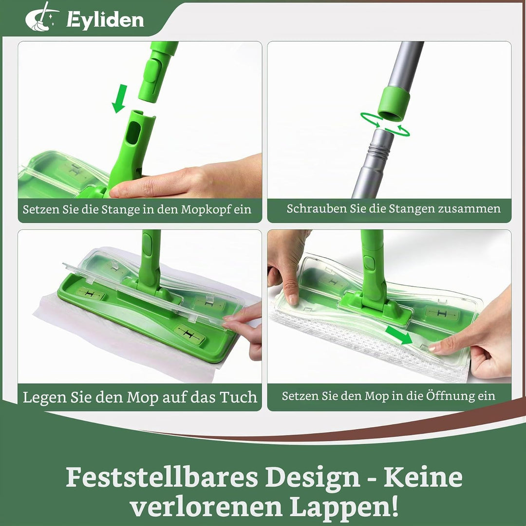 Eyliden Bodenwischer Starter-Set, 1 Stab + 24 Trockene Bodentücher + 12 Feuchte Bodentücher, 3-in-1