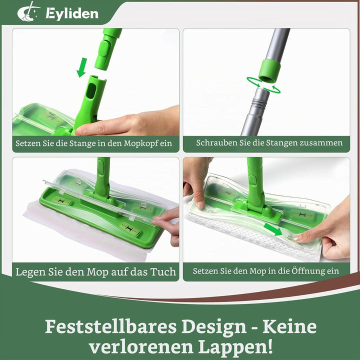 Eyliden Bodenwischer Starter-Set, 1 Stab + 24 Trockene Bodentücher + 12 Feuchte Bodentücher, 3-in-1