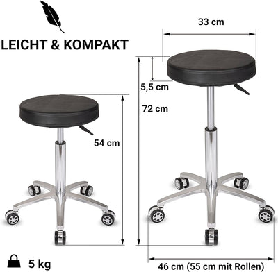 Staboos Rollhocker bis 160 kg - Gel-Polster Sitz rund - Praxishocker mit Rollen - Drehhocker höhenve