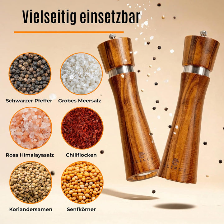 ECENCE Salz und Pfeffermühle Holz 2er Set Pfeffer und Salzmühle aus Akazienholz, Gewürzmühle mit Ker