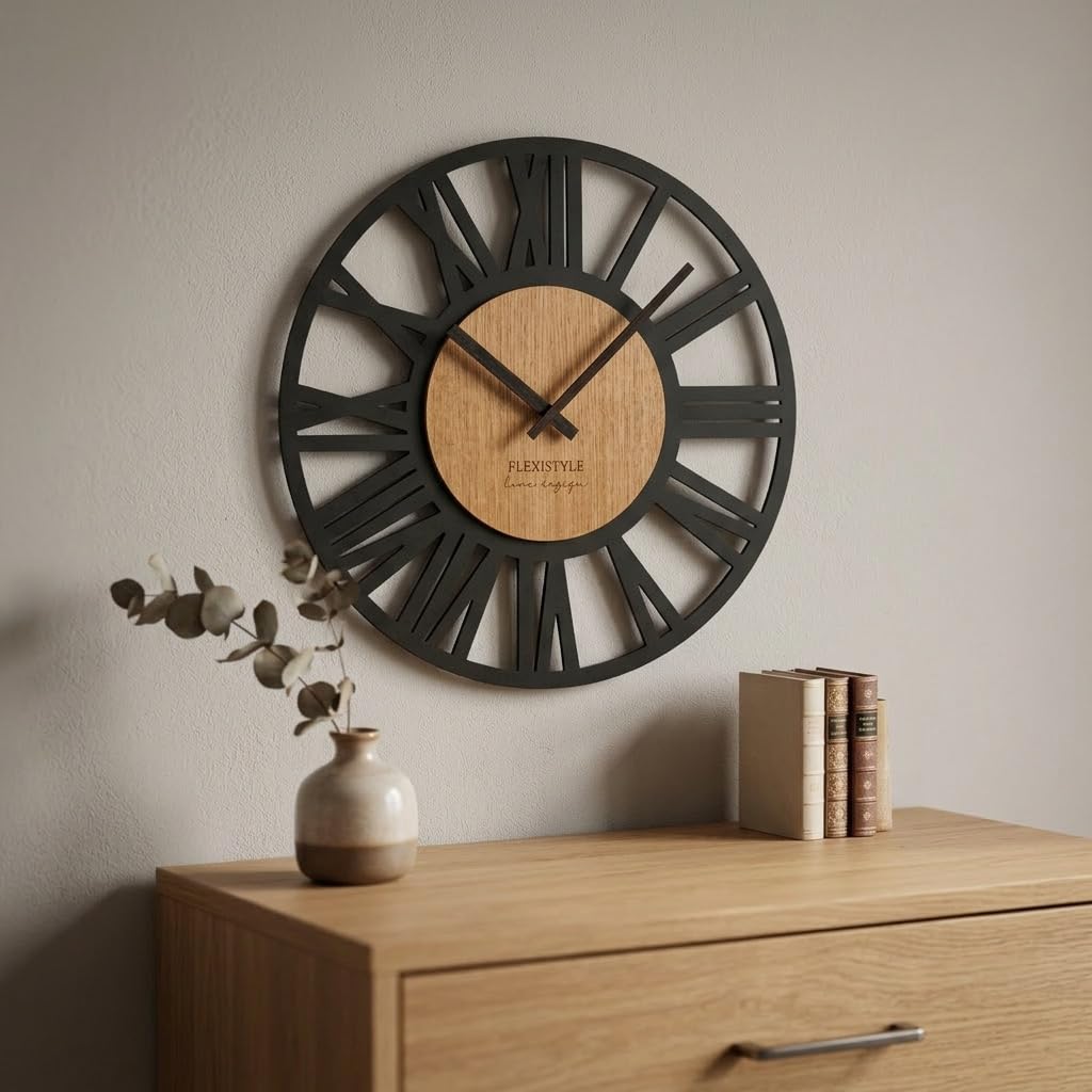 FLEXISTYLE Wanduhr gross Adulto 50cm Durchmesser LOFT Retro aus Holz Eiche ohne tickgeräusche Wohnzi