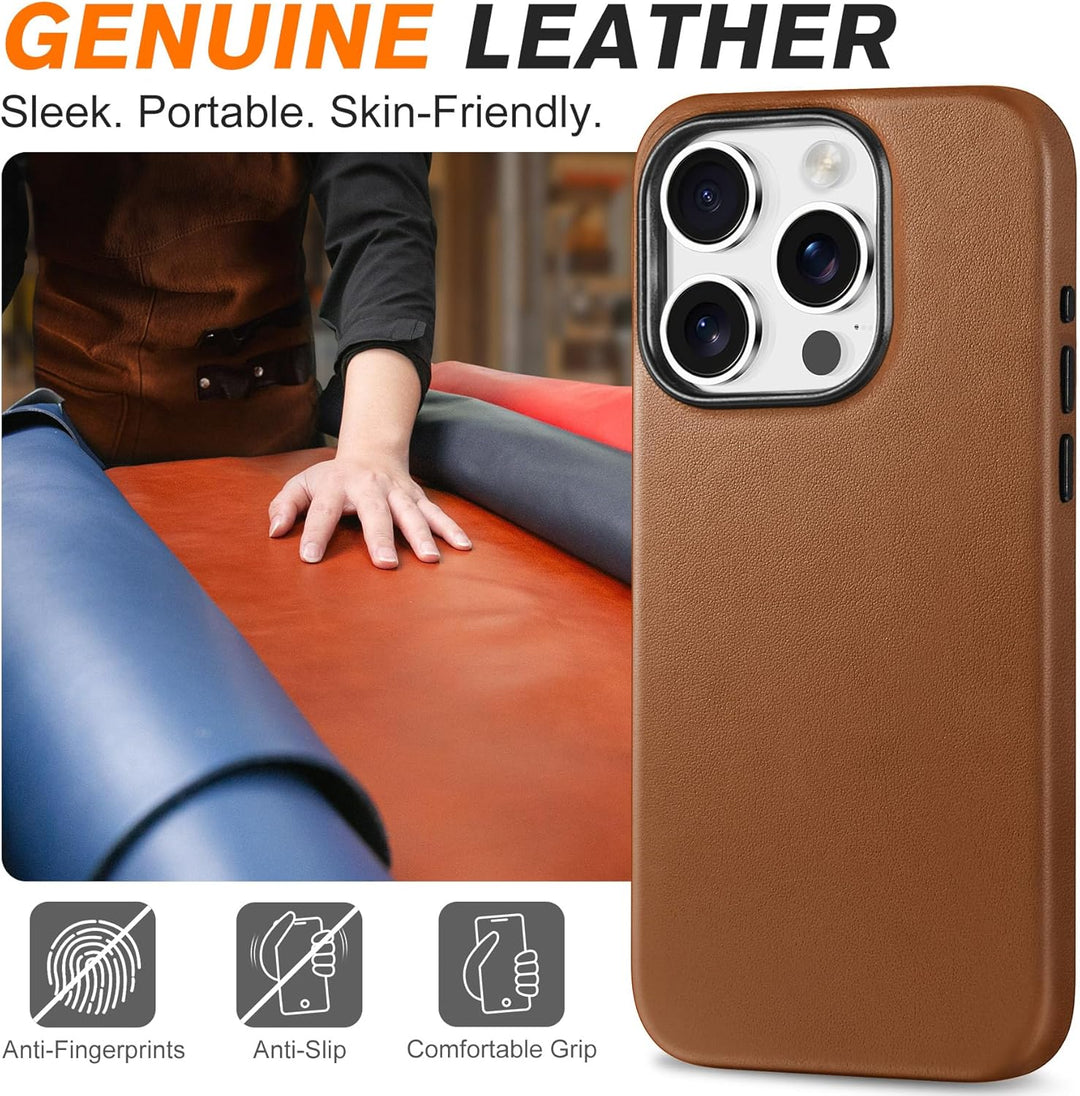 SHIELDON Hülle für iPhone 15 Pro Handyhülle Case [Echtleder] [Kabellos Laden] [Magnet] [Ultra Dünn]