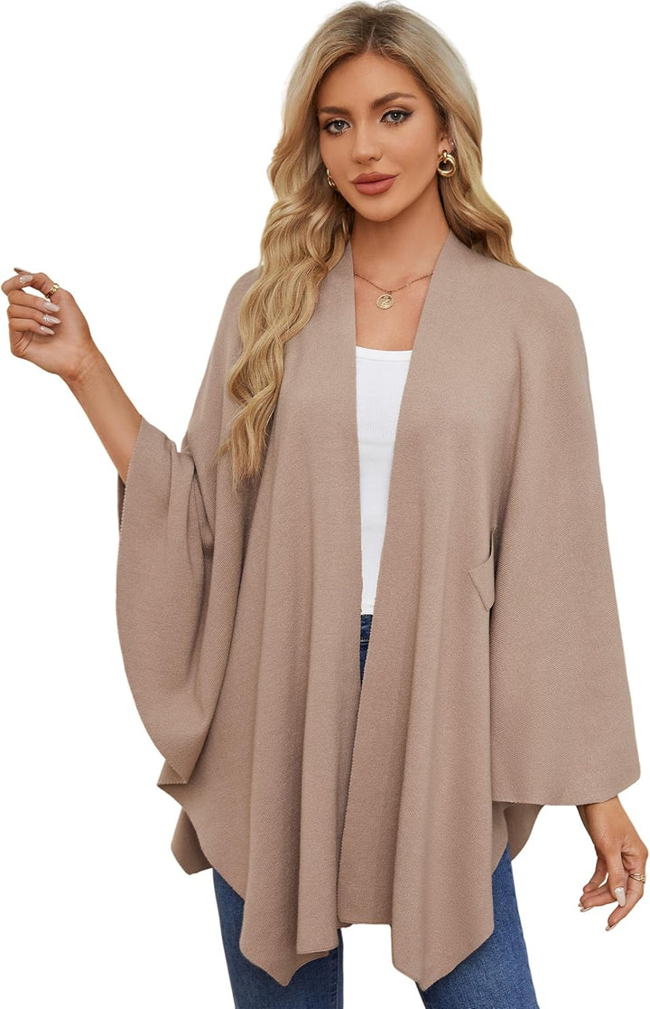 PULI Damen Elegant Poncho Strick Ponchos Capes Vorne öffnen Vielseitige Schalwickel mit Lasche Bräun