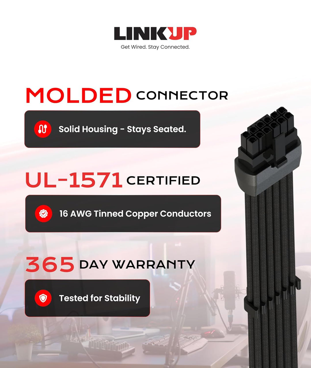 LINKUP - AVA 600W PCIE 5.0 16Pin (12+4) Hochstrom-Netzkabel┃Gepresster &amp; gelöteter Typ 16AWG ummante