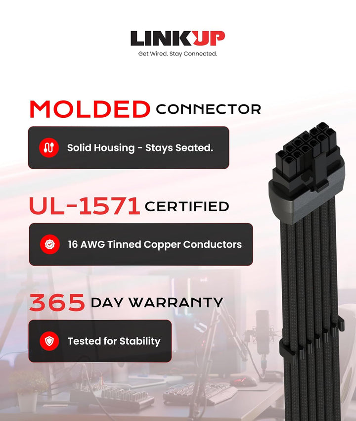 LINKUP - AVA 600W PCIE 5.0 16Pin (12+4) Hochstrom-Netzkabel┃Gepresster &amp; gelöteter Typ 16AWG ummante