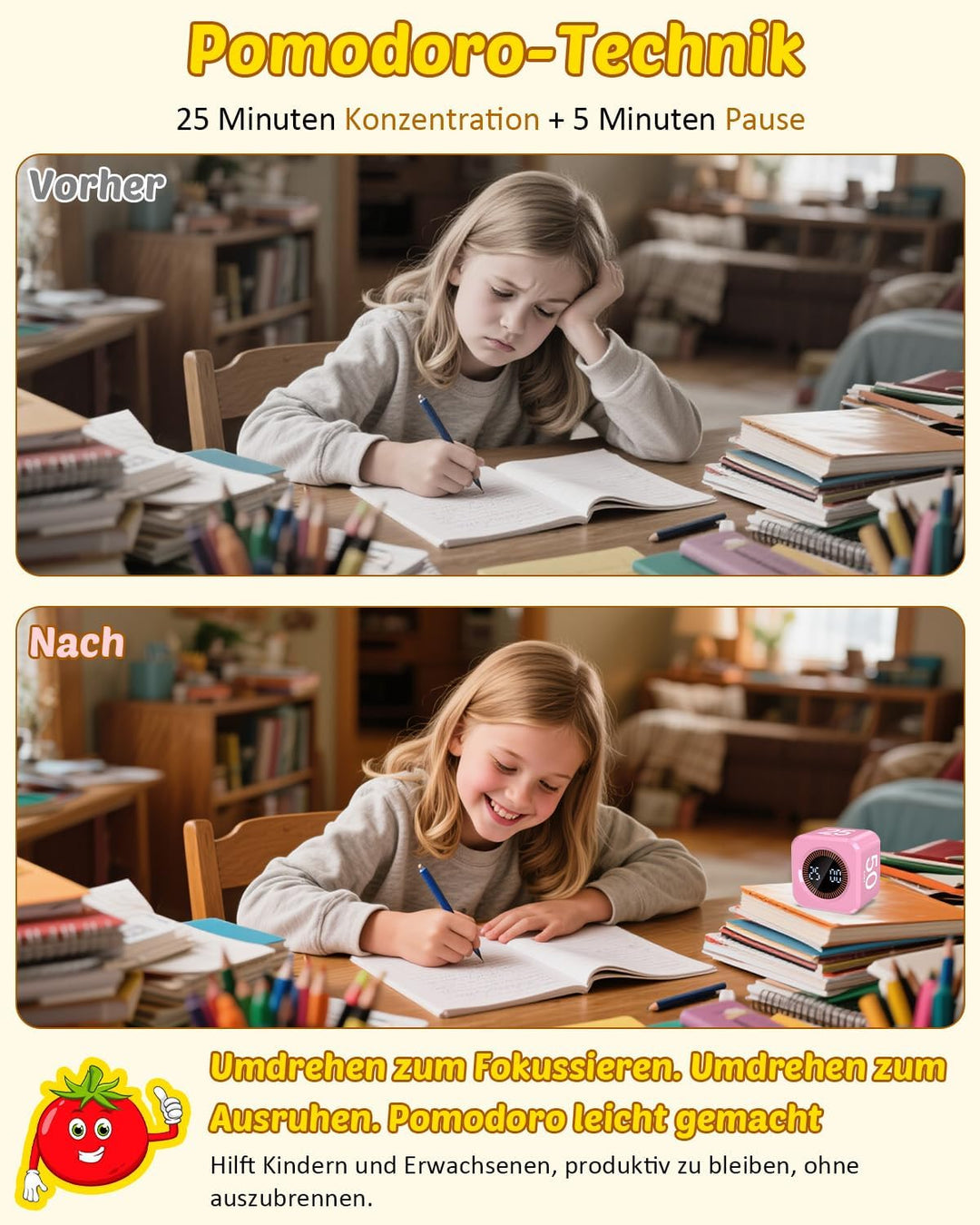 Pomodoro Timer Cube, Visueller Würfel-Timer für Kinder, Digitale LED Drehbarer Timer mit 5/10/25/50