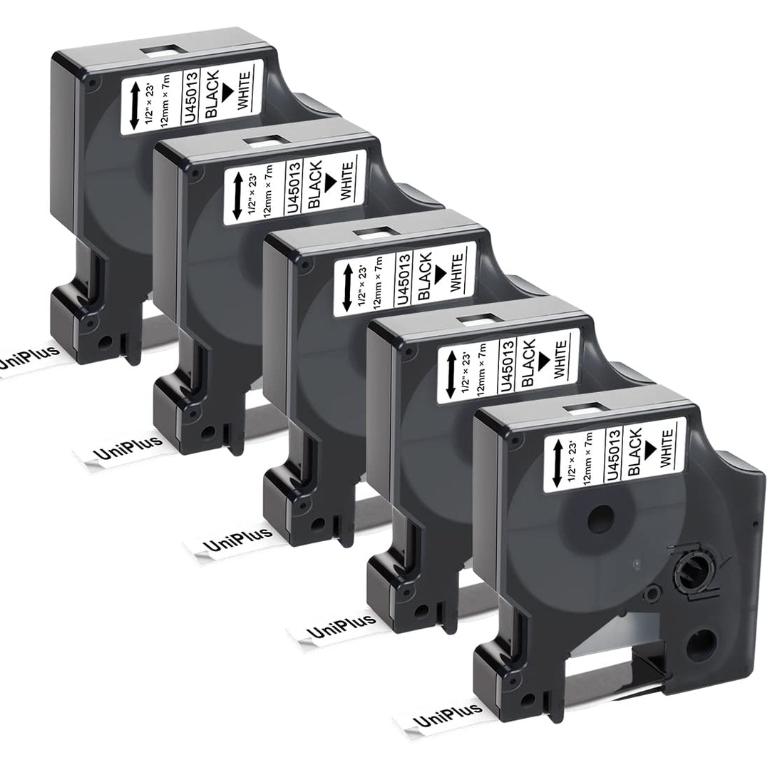 UniPlus 5x Schriftband Kompatibel für Dymo D1 45013 s0720530 Etikettenband 12mm x 7m Schwarz auf Wei