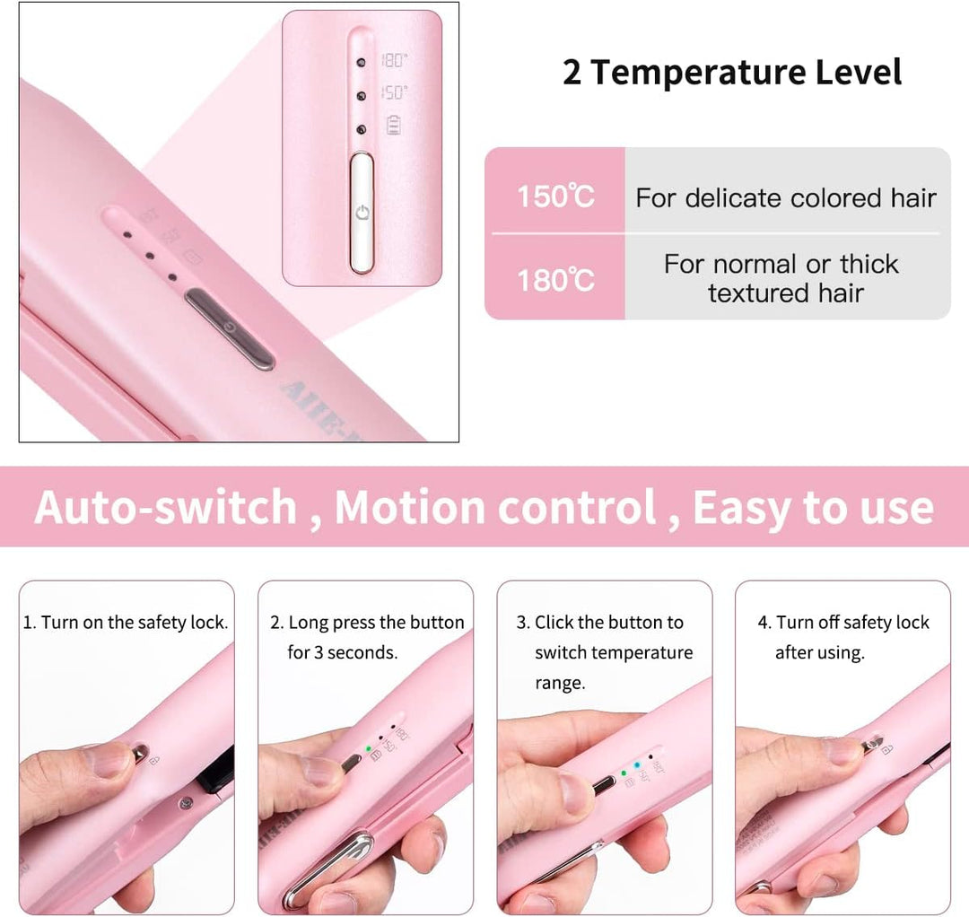 Kabelloser Haarglätter und Lockenwickler 2 in 1, Mini Haarglätter Und Lockenstab mit USB-C Aufladung