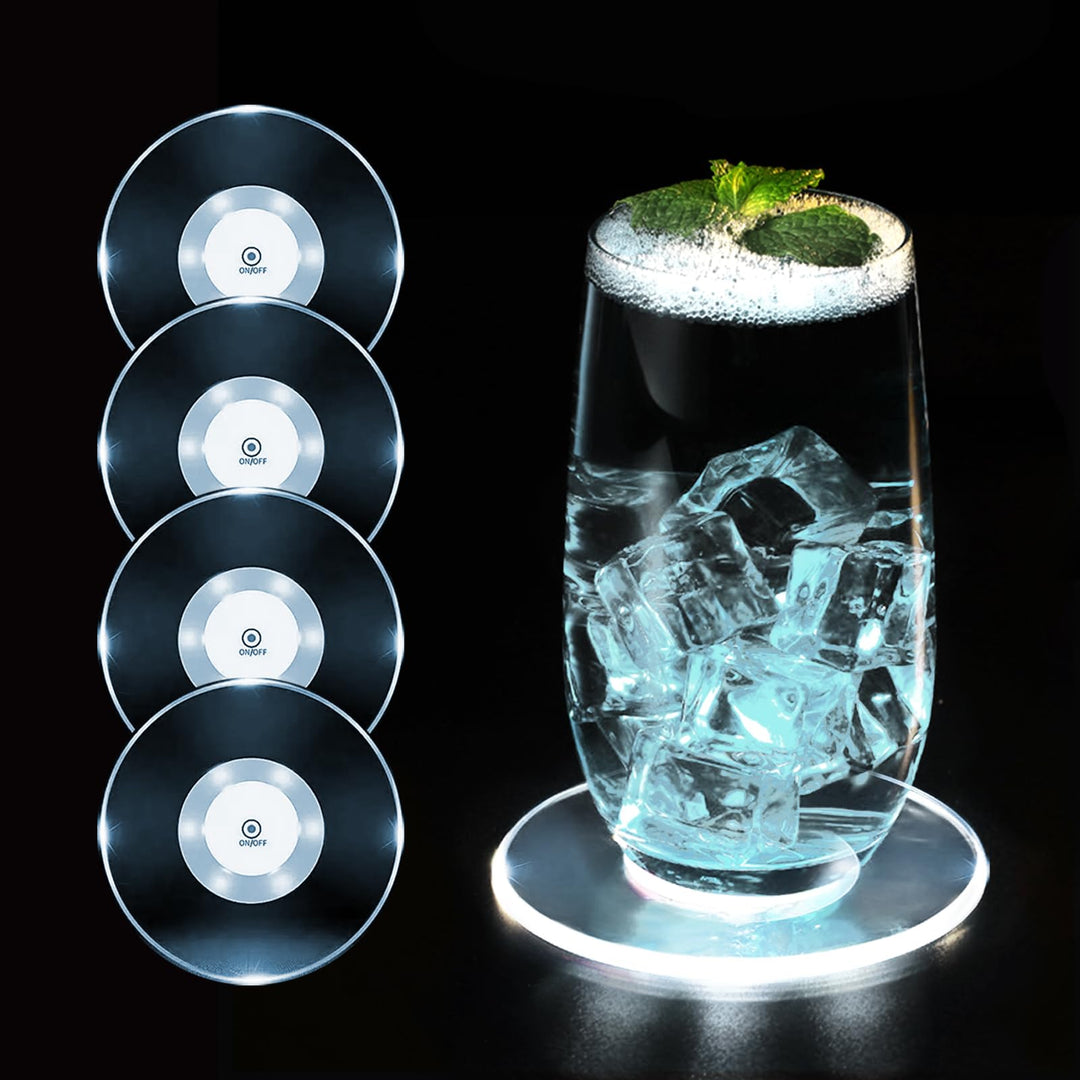 4er-Set Kühle Weiss LED Untersetzer für Getränke, ON/Off Wasserdicht Rund Untersetzer Acryl für Gläs