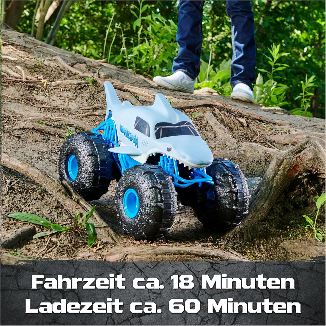 Monster Jam Megalodon Storm, RC Truck, Amphibienfahrzeug in Hai-Optik für Land und Wasser, Massstab