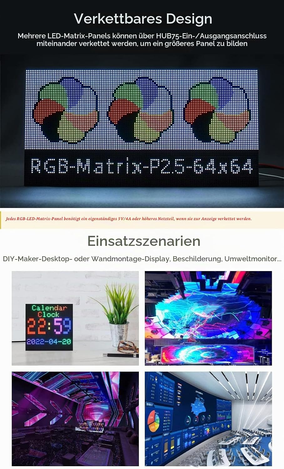 Waveshare RGB Full-Color LED Matrix Panel 2.5mm Pitch 64x64 Pixels Adjustable Brightness Compatible