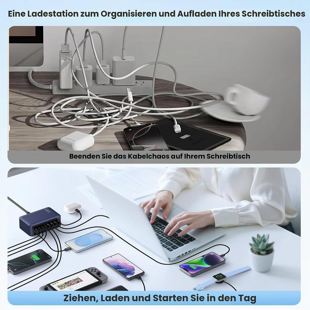345W USB C Ladegerät Mehrfach mit Einziehbarem Ladekabel, 10-in-1 GaN VI Ladestation, PD/PPS/QC Schn