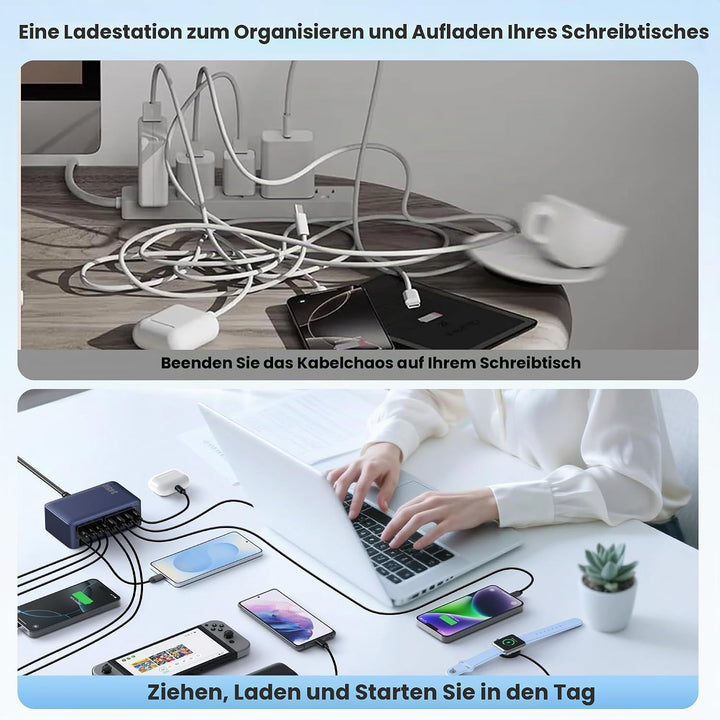 345W USB C Ladegerät Mehrfach mit Einziehbarem Ladekabel, 10-in-1 GaN VI Ladestation, PD/PPS/QC Schn
