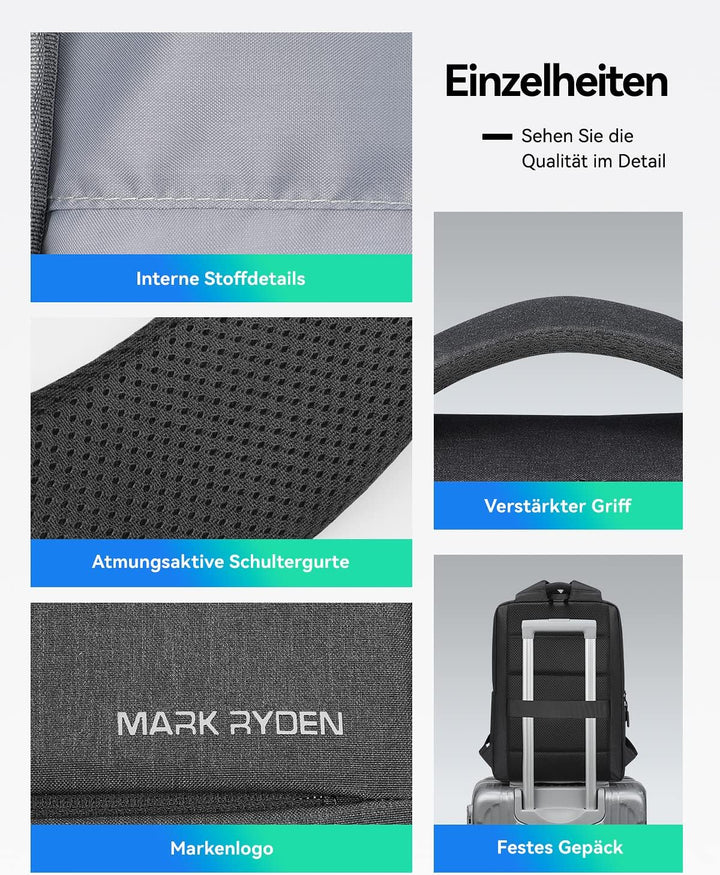 MARK RYDEN Laptop Rucksack Herren, 180 Grad Offen Schulrucksack Notebook Backpack Tagesrucksack, Was